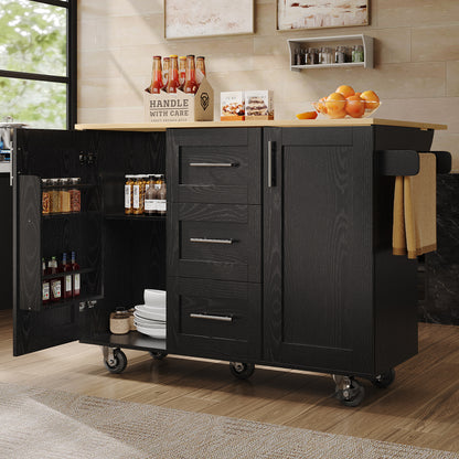 Heavy-Duty Mobile Kitchen Island with Locking Casters - Rolling Cabinet on Wheels, Removable Shelves & Worktop, Space-Saving Storage Cart with Side Towel Rail - Easy Assembly for Kitchen, Dining, or Serving - Black Metal Cons