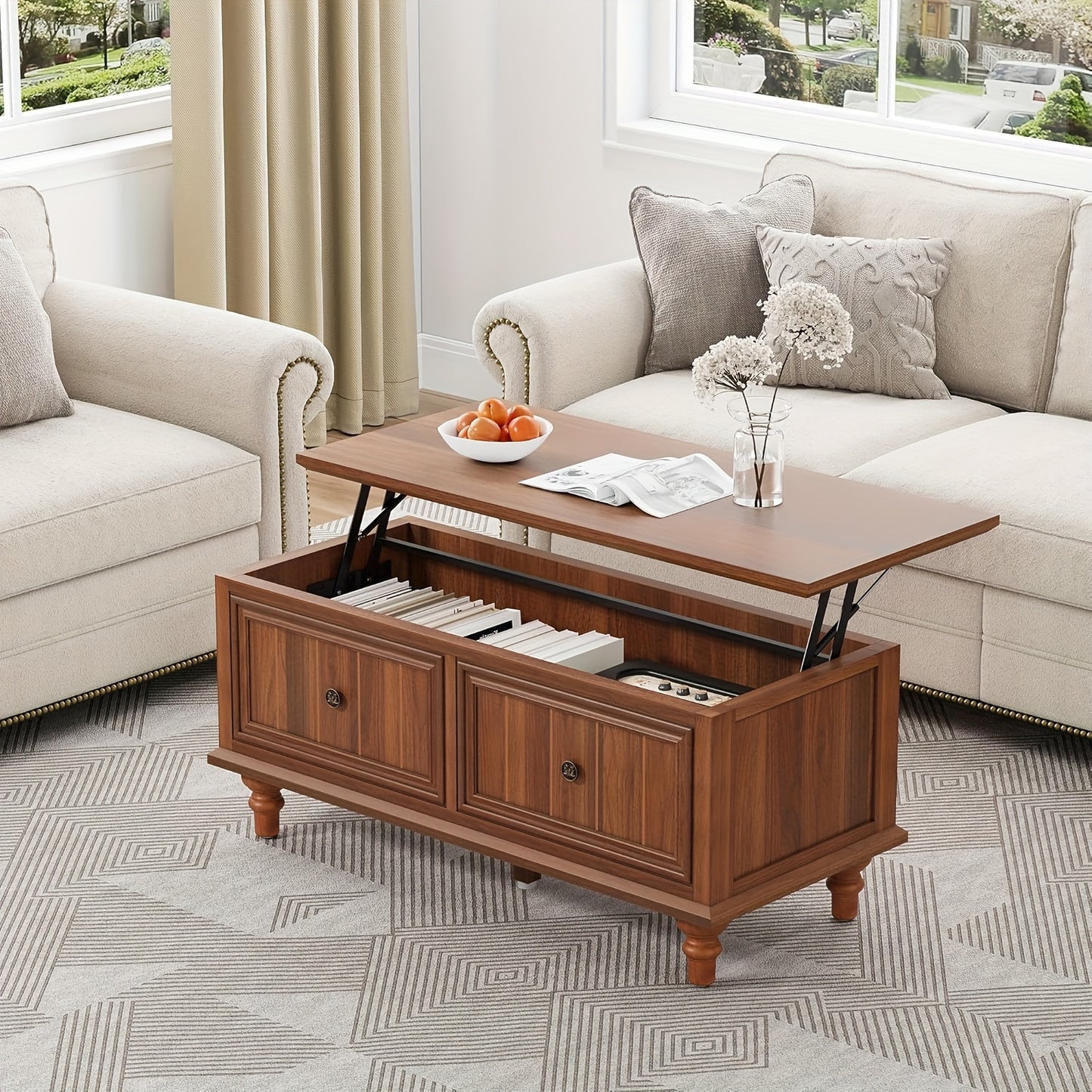 Salontafel – Koffietafel – Bijzettafel – Woonkamertafel – Tafel – Verstelbaar Liftblad – Verborgen Opbergruimte – MDF Walnoot Finishing