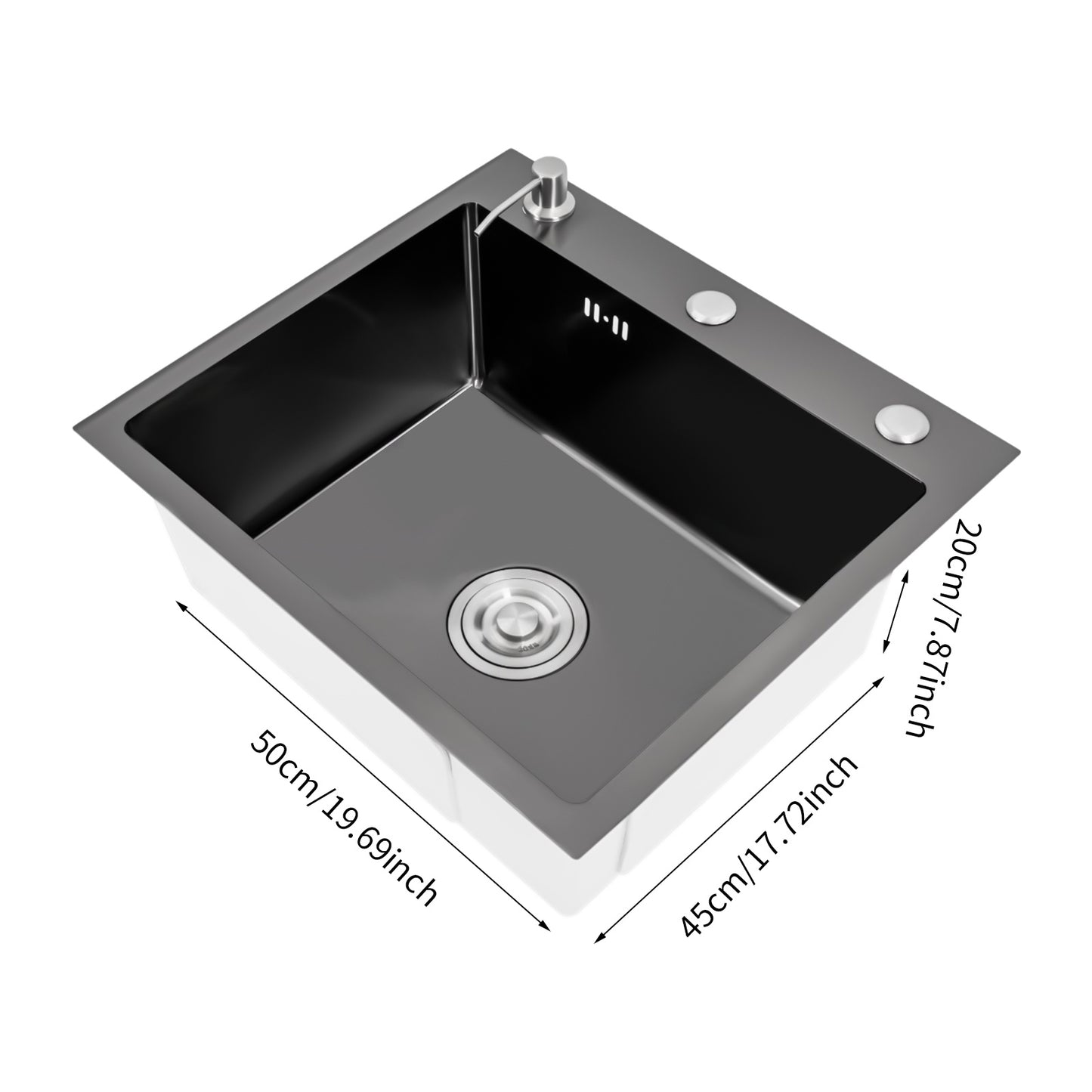 Keukenspoelbak – Spoelbak – Keukensink – Wasbak – Vaatwasbak – Zwart RVS – Royale Binnenmaat 46x35,5 cm – Opbouw Onderbouw Vlakbouw – Met Zeepdispenser en Compleet Accessoiresset