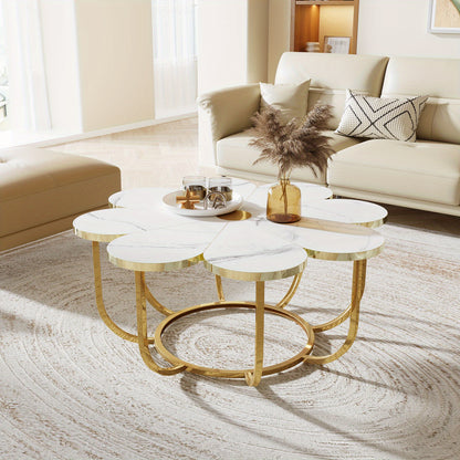Salontafel – Koffietafel – Lounge Tafeltje – Bijzettafel – Woonkamertafel – Wit Goud – Extra Groot Tafelblad – Ruimtebesparend Metalen Frame