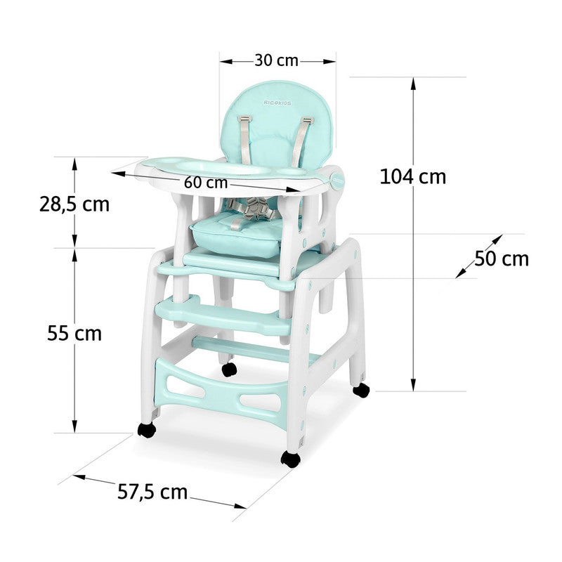 Kinderstoel – Kinderstoeltje – Meegroeistoel – Eetstoel – Babystoel – 5-in-1 Multifunctioneel – Verstelbare Rugleuning & 5-Punts Veiligheidsgordel - Turkoois