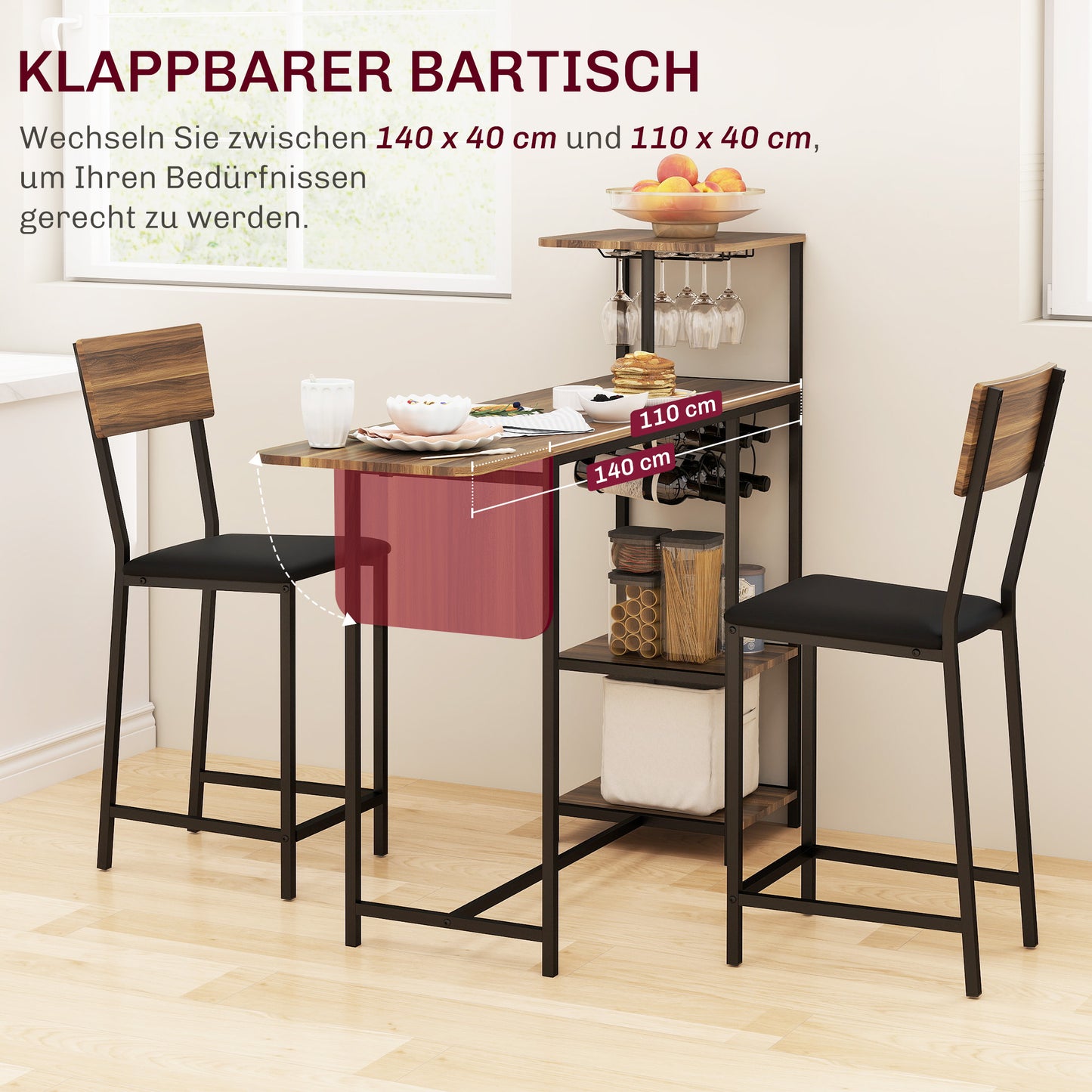3-Delige Barset – Bar Tafel – Bistro Set – Terrasmeubilair – Huisbar – Bruin – Met Wijnrek en Glashouder – Comfortabele Stoelen met Voetsteunen