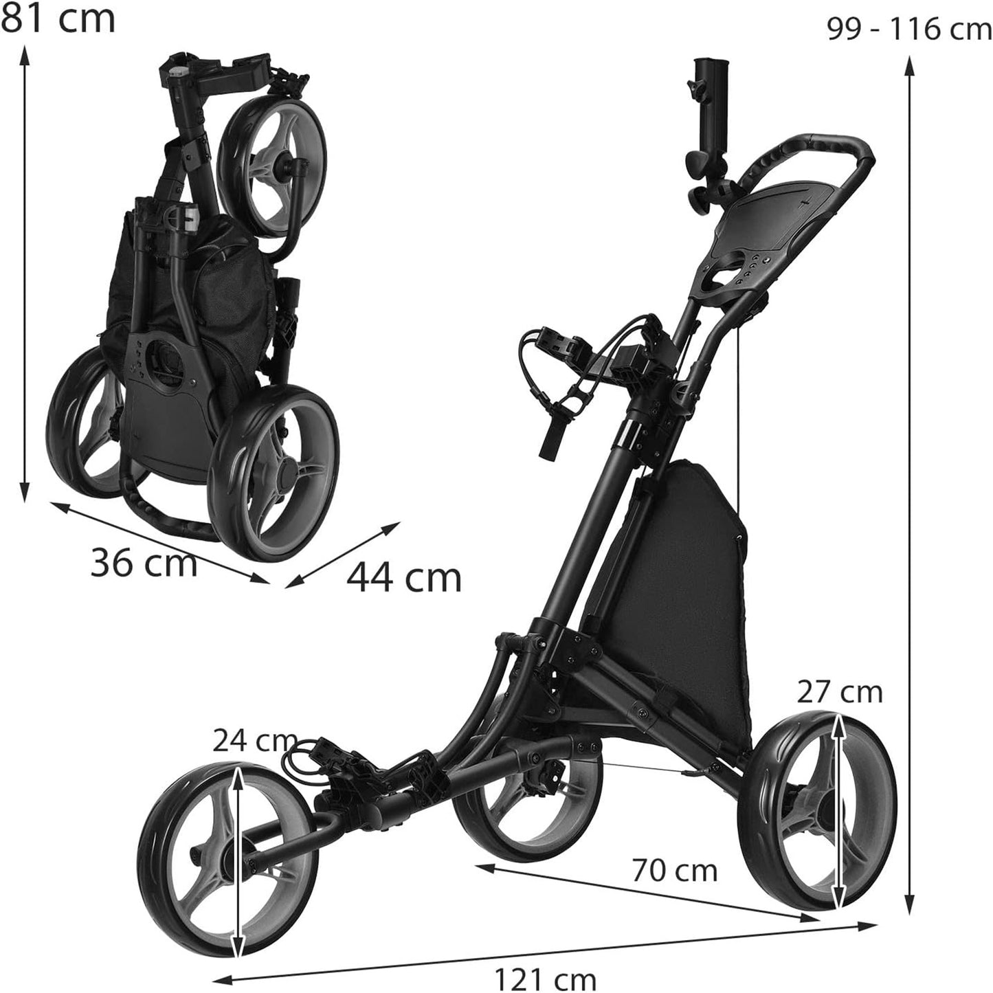 Golfwagen – Golfkar – Trolley – Golf Pushcart – Inklapbaar – Lichtgewicht Aluminium Frame – Verstelbare Handgreep 4 Hoogtestanden