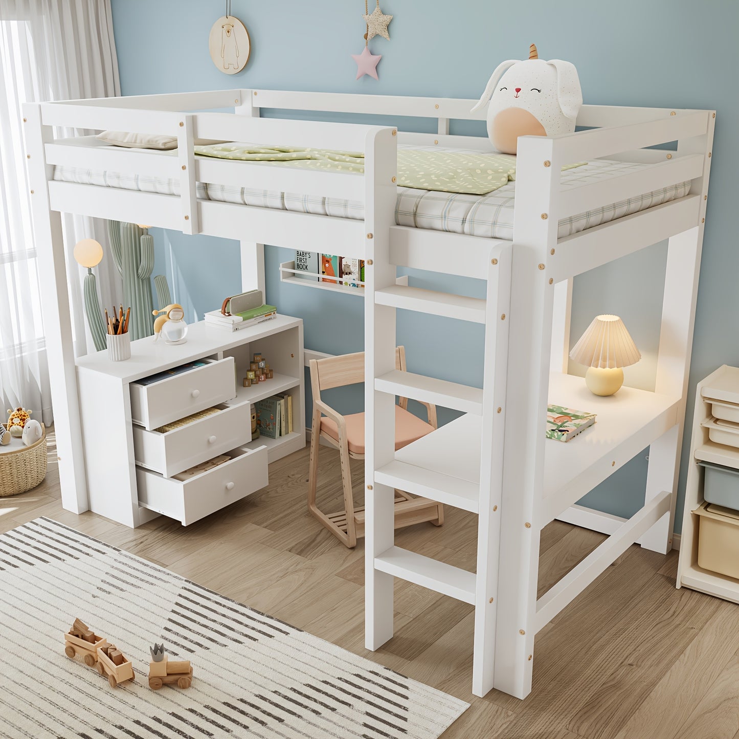 Hoogslaper – Stapelbed – Bedbank – Halfhoogslaper – Kinderbed – Wit Design – Inclusief Bureau en Opbergruimte – Bedmaat 90x200 cm – Volledig Gemonteerd