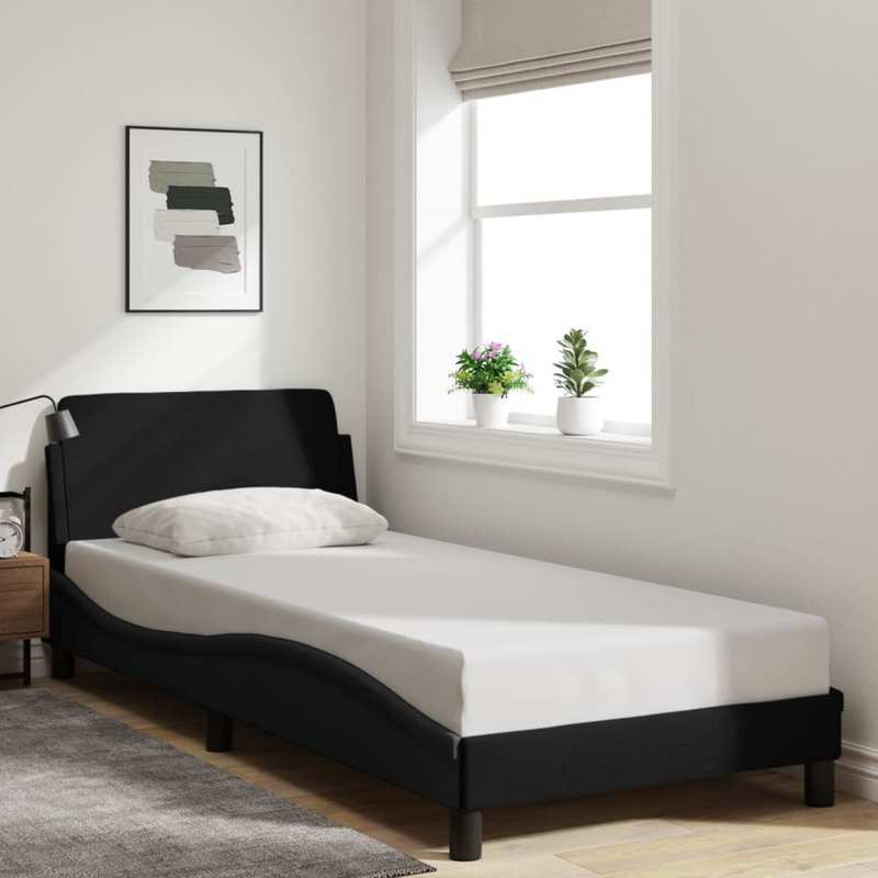 Bedframe with Black Headboard 90x200cm in Fabric Practical, removable, suitable for all seasons, Home Bed Frame, Removable Bed Cover, Sleek Headboard, Contemporary Design, Wooden Frame, Lightweight Construction, Practical Bed