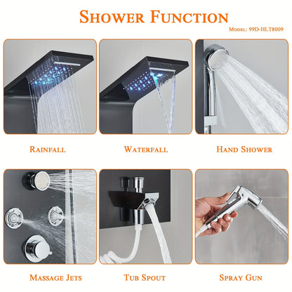 Douchepaneel – Douchekolom – Regendouche – Body Jets – Handdouche – Geborsteld Nikkel – 304 Roestvrij Staal – LED Temperatuurdisplay