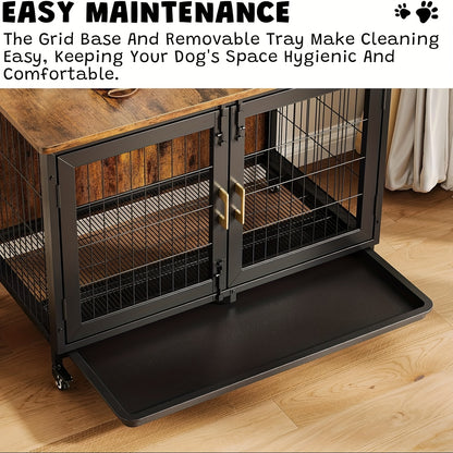 Hondenkennel Grote Maat – Hondenkooi Binnen – Hondenbench Hout – Hondenhok XL – Met Dubbele Deuren – Stevig Stalen Frame – Verplaatsbaar Met Remmen