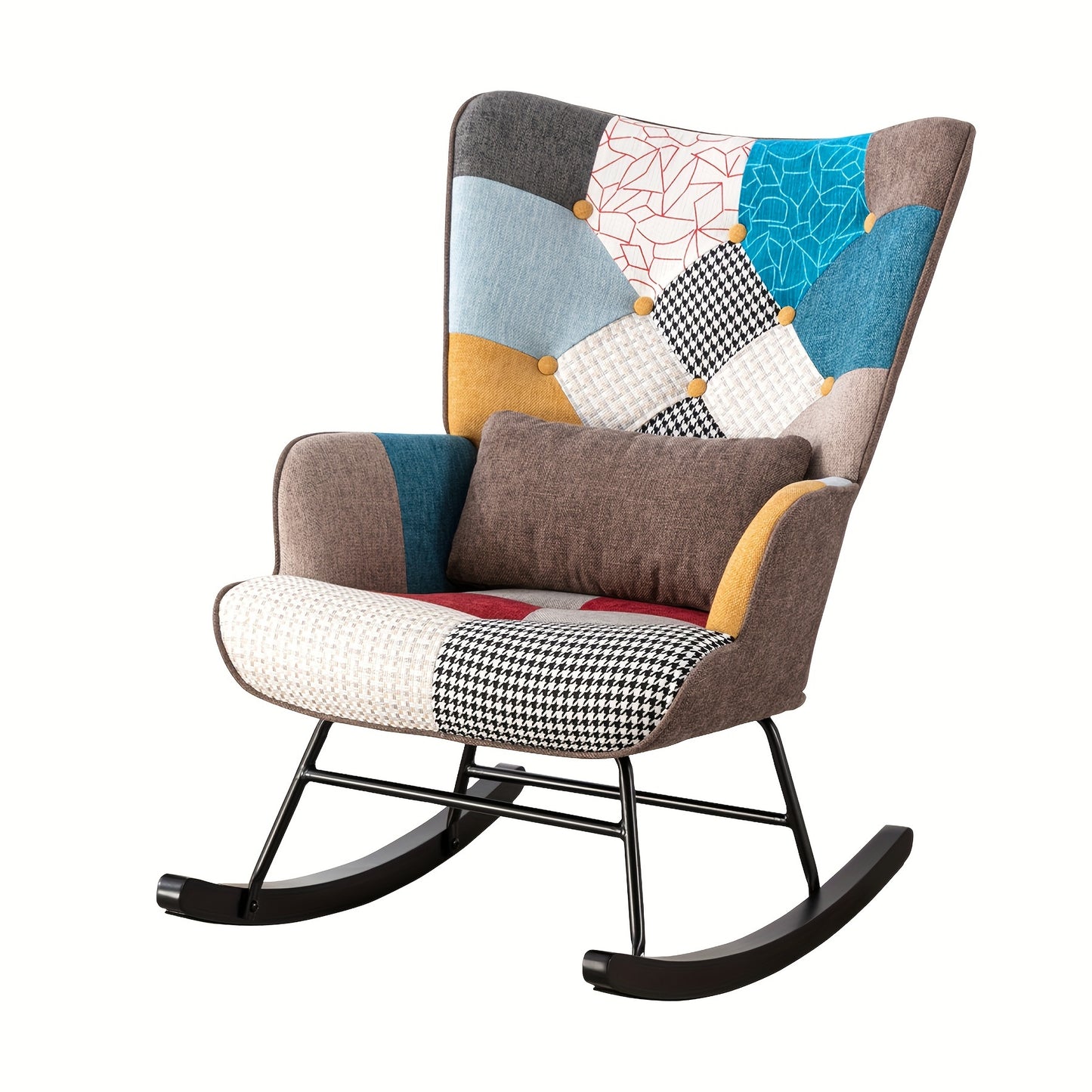 Schommelstoel – Schommelstoel Lounge – Fauteuil – Relaxstoel – Woonkamerstoel – Patchwork Stof – Met Metalen Frame En Houten Basis