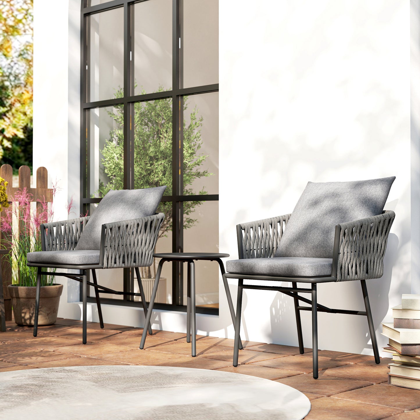 3-delig Tuinset – Balkonset – Bistroset – Terrasset – Loungeset – Kunstrotan – Stalen Frame – Metalen Tafelblad – Waterafstotende Kussens – Compact Design Grijs