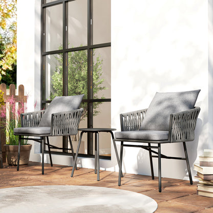 3-delig Tuinset – Balkonset – Bistroset – Terrasset – Loungeset – Kunstrotan – Stalen Frame – Metalen Tafelblad – Waterafstotende Kussens – Compact Design Grijs