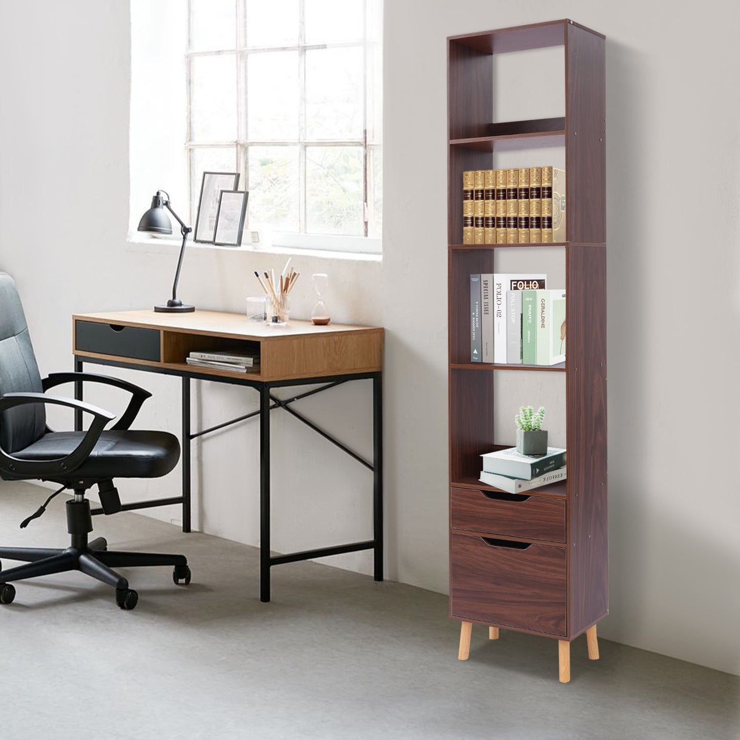 Boekenkast – Boekrek – Opbergrek – Boekenplank – Wandkast – Walnootkleur – Hoogte 180 cm – Massief Hout