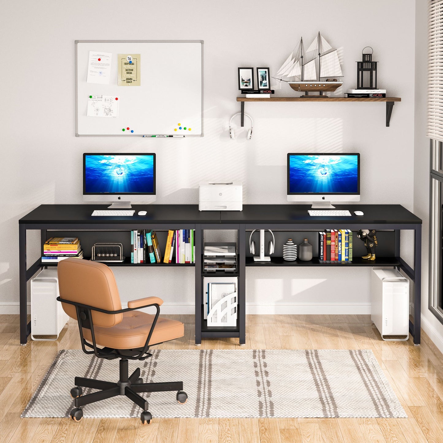 Bureau – Bureautafel – Werkplekmeubel – Computertafel – Kantoormeubel – Dubbel bureau voor twee personen – Met opbergrekken en verstelbare voeten – Industrieel zwart metalen frame met sterk kunsthouten blad – Draagvermogen 249 kg