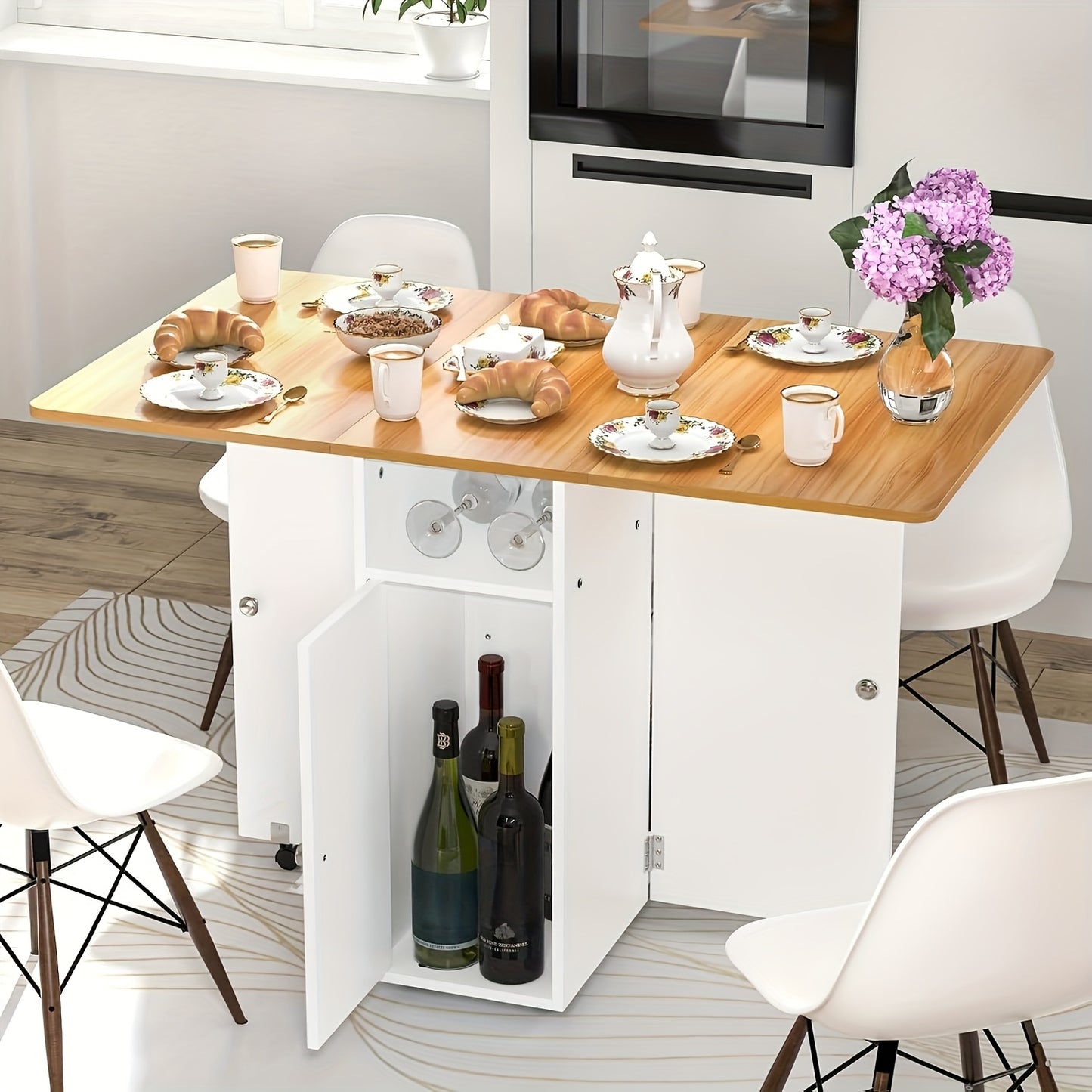 Expandable/Retractable Modern White & Wood Folding Dining Table with Locking Wheels, Storage Shelf & Space-Saving Design - Heavy-Duty Foldable Desk for 4-Person, Apartment, Dorm - /Plywood (120x70x75cm