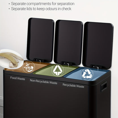 Kitchen Rubbish Bin, Waste Separation System, 3 Compartments, 45L (3 X 15L), Stainless Steel Kitchen Rubbish Bin, Pedal Bin with Colour-Coded Pedals, Rubbish Bin, Quiet Slow Descent, Black, Household Waste Management, Kitchen