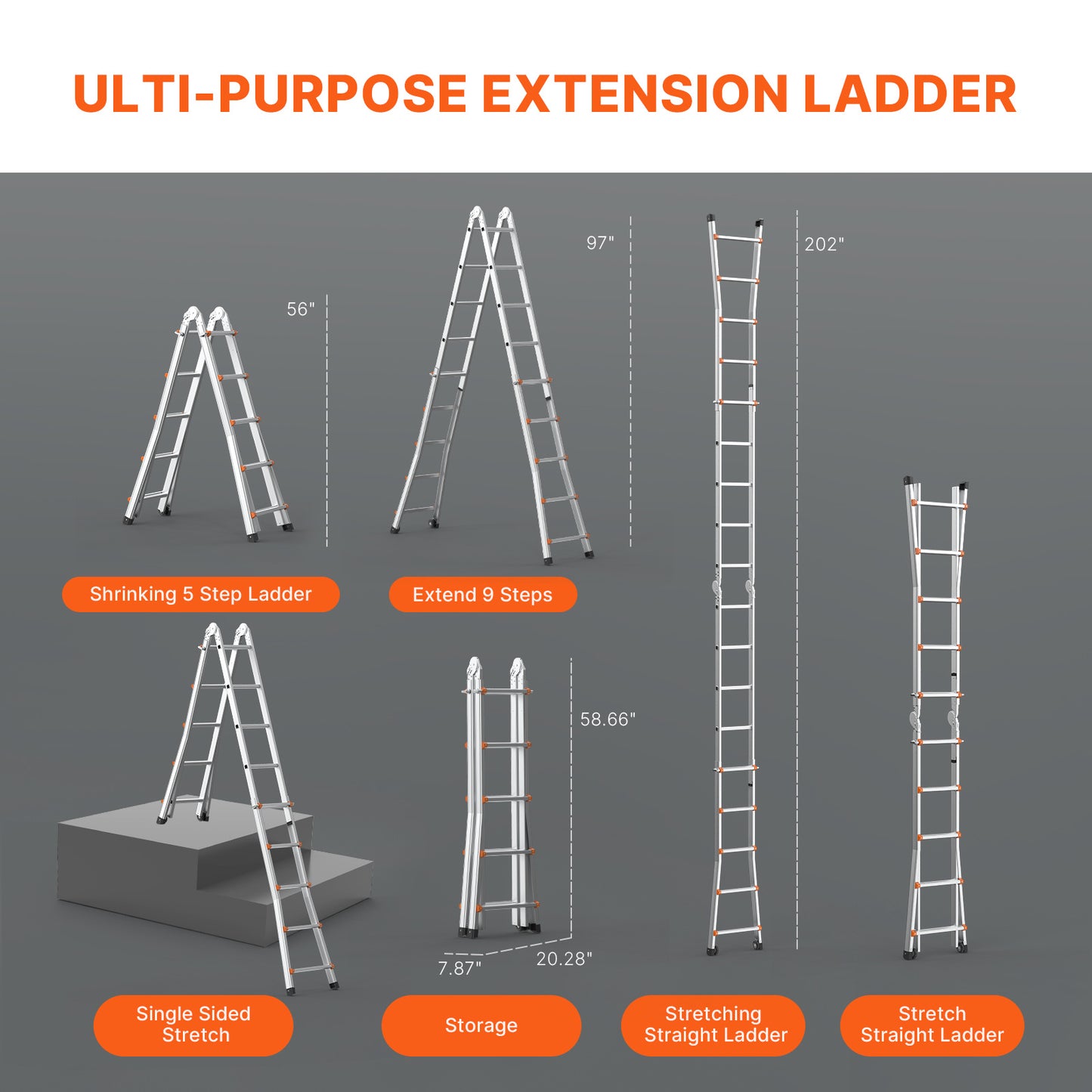 Telescopische A-Frame Ladder – Vouwladder – Uitklapbare Ladder – Steigerladder – Aluminium Ladder – Inklapbaar Compact – Draagkracht 150 kg – Dual-Wielen Voor Makkelijk Vervoer