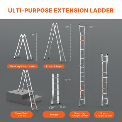 Telescopische A-Frame Ladder – Vouwladder – Uitklapbare Ladder – Steigerladder – Aluminium Ladder – Inklapbaar Compact – Draagkracht 150 kg – Dual-Wielen Voor Makkelijk Vervoer