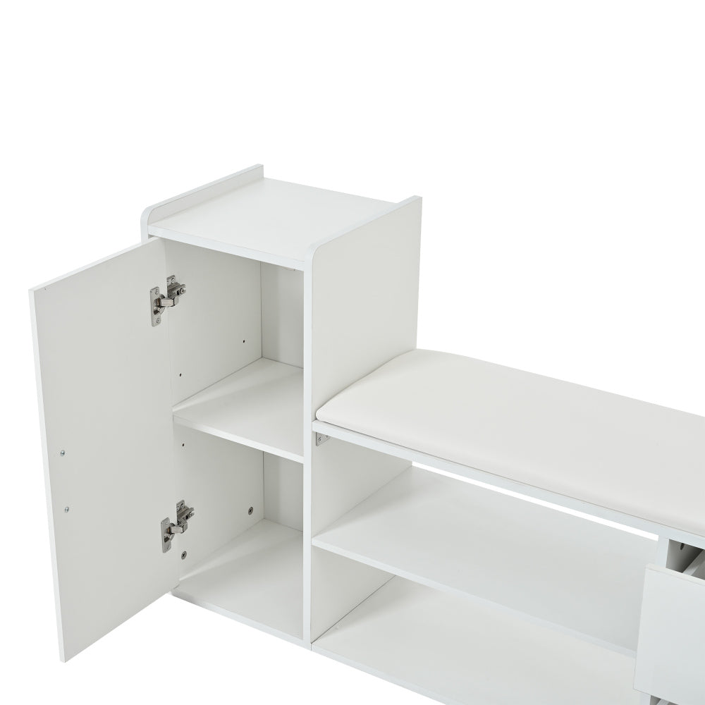 Modern White Metal Shoe Cabinet with Bench & 2 Drawers - Glossy Storage Shoe Rack with Cushioned Seat, Space-Saving Entryway Organizer for Hallway, Living Room, Office - Durable Metal Construction, No Electrical Required