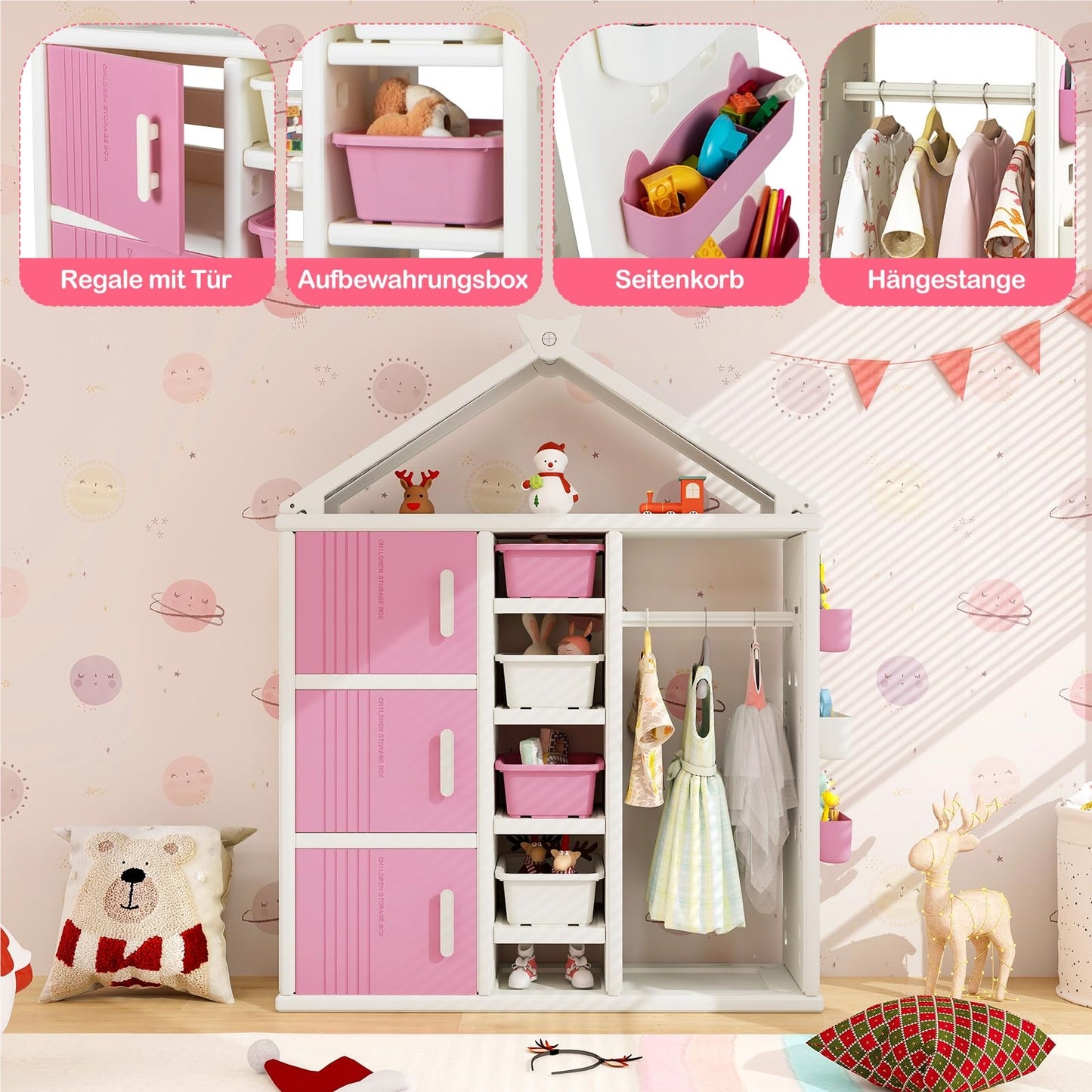 Kinderkast Huisstijl – Boekenkast Kind – Speelgoedkast – Opbergkast Kids – Kledingrek Kinderkamer – Roze – Veilig HDPE Materiaal – 4 Opbergboxen & Zijkorfjes