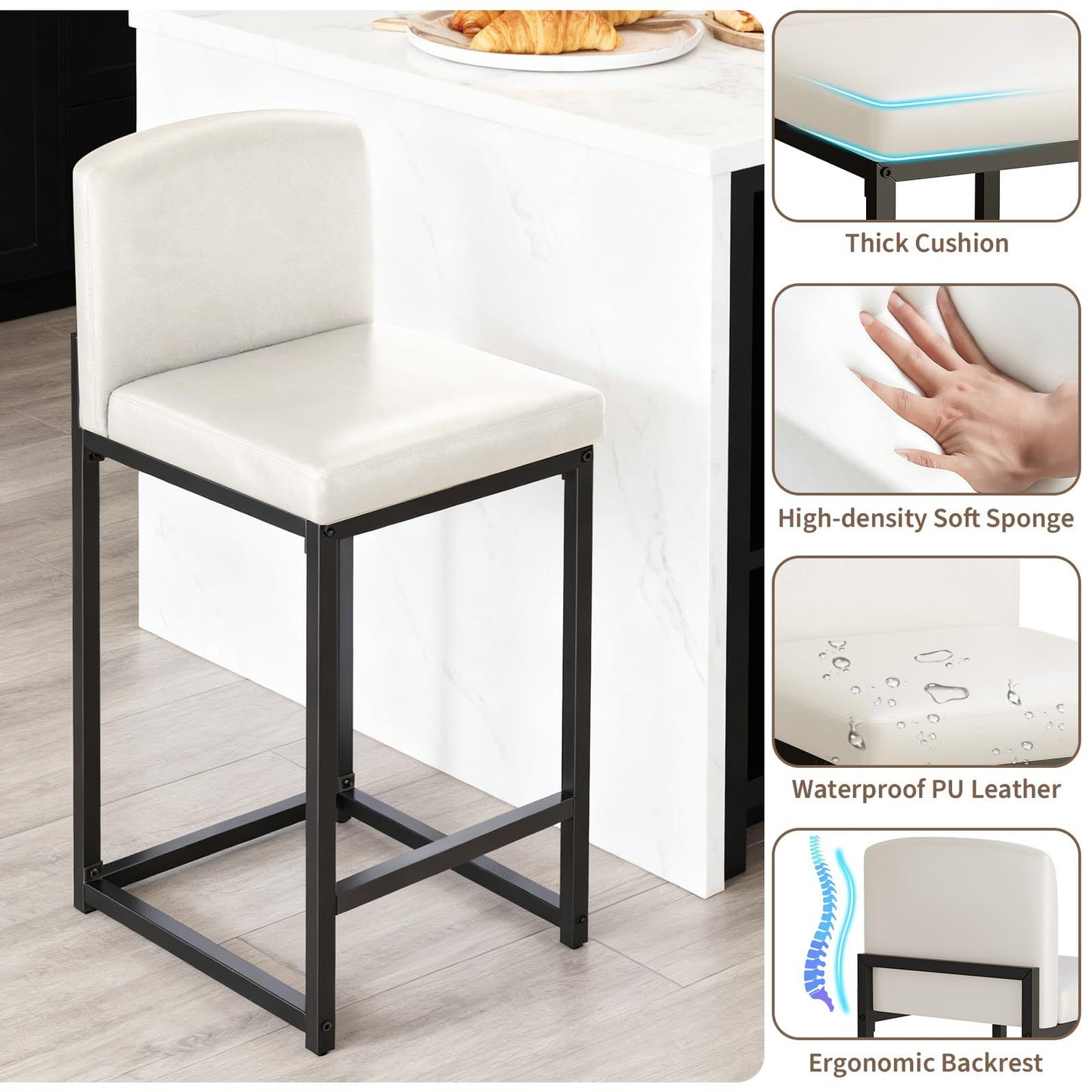 Counter Height Bar Stool | Upholstery Supportive Backrest, Sturdy Metal Legs, Ideal for Island, Dining Room, Living Room, Apartment