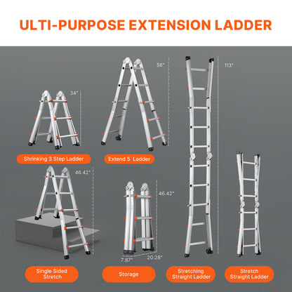 Telescopische A-frame Ladder – Uitschuifladder – Opklapbare Ladder – Multifuntionele Trap – Stevige Aluminium Ladder Zilver – Max Hoogte 2,88 Meter – Geïntegreerde Wieltjes Voor Eenvoudig Transport