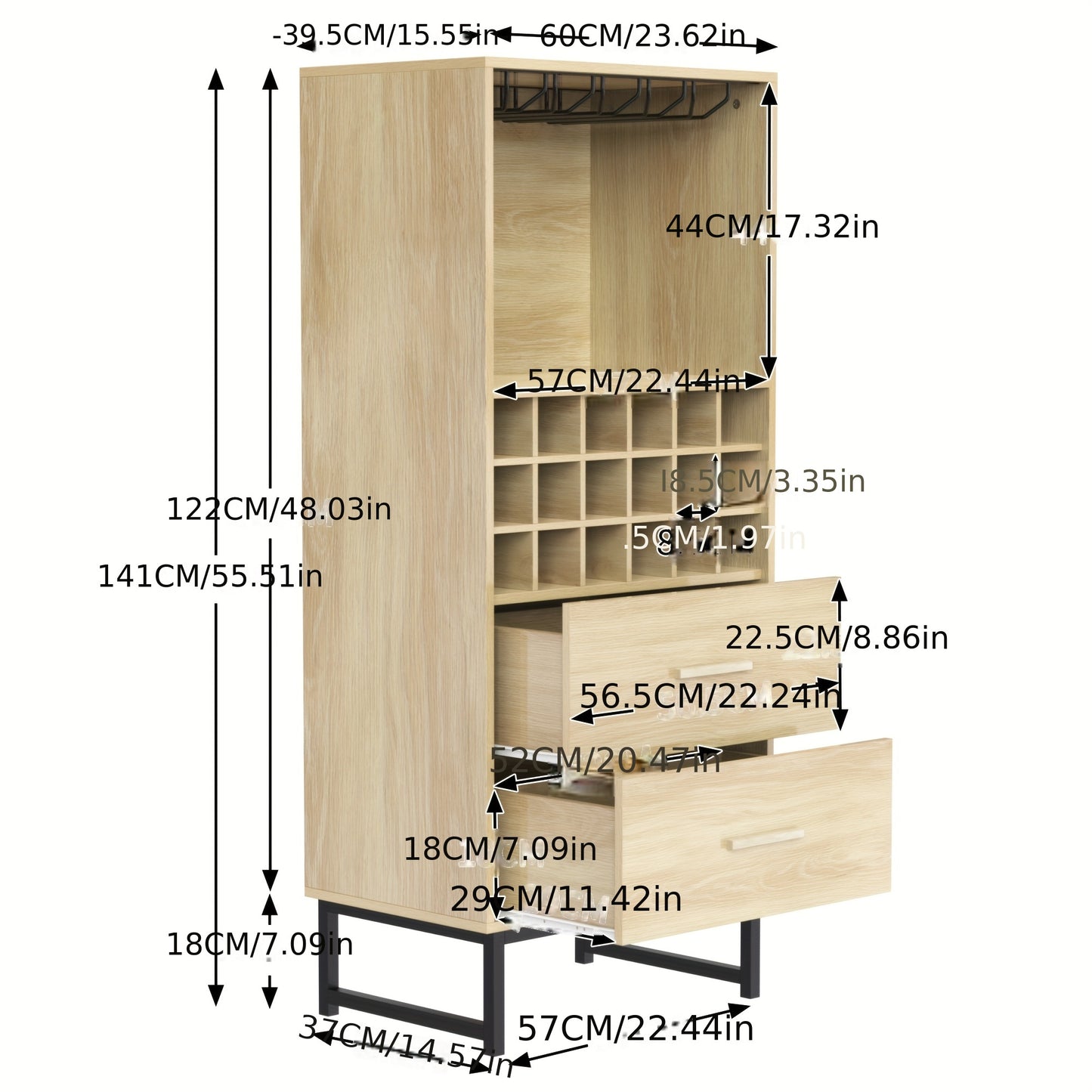 Wijnrek – Wijnkast – Flessenrek – Wijnopslag – Wijnfleshouder – Beige Houten Design – 18 Vakken Met 2 Lades – Matte Zwarte Metalen Pootjes