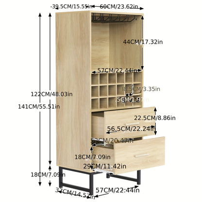 Wijnrek – Wijnkast – Flessenrek – Wijnopslag – Wijnfleshouder – Beige Houten Design – 18 Vakken Met 2 Lades – Matte Zwarte Metalen Pootjes