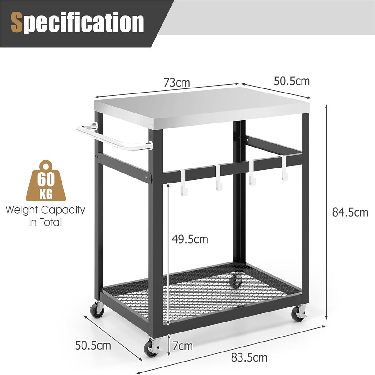 Keukentrolley – Barbecuewagen – Serveerwagen – Werktafel – Opbergtrolley – Met Roestvrijstalen Werkblad – Stevig Metalen Frame