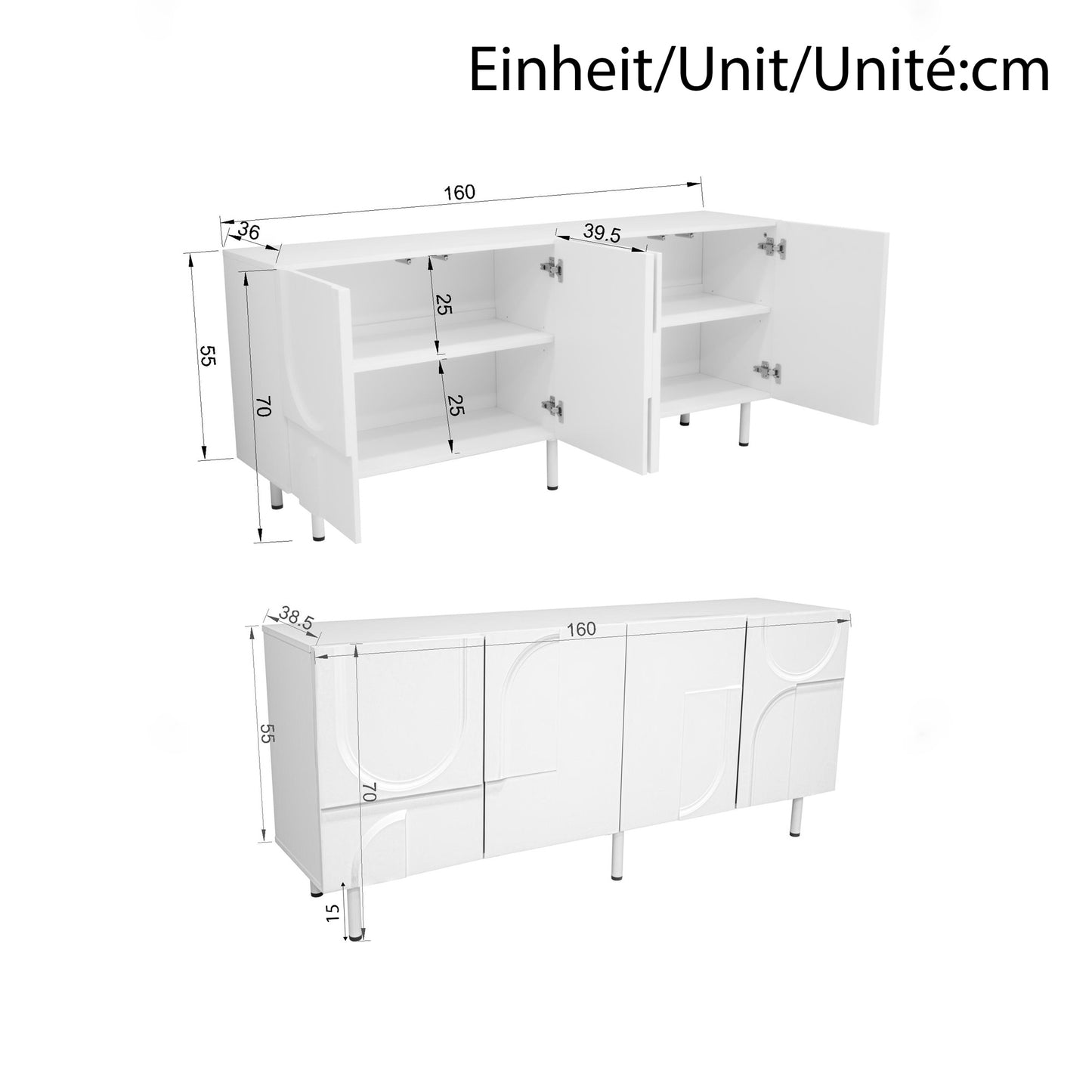 Dressoirkast – Sideboard – Opbergkast – Woonkamerkast – Dressoir Wit – Modern 3D Geometrisch Design – Ruime Afmetingen 160x38,5x70 cm