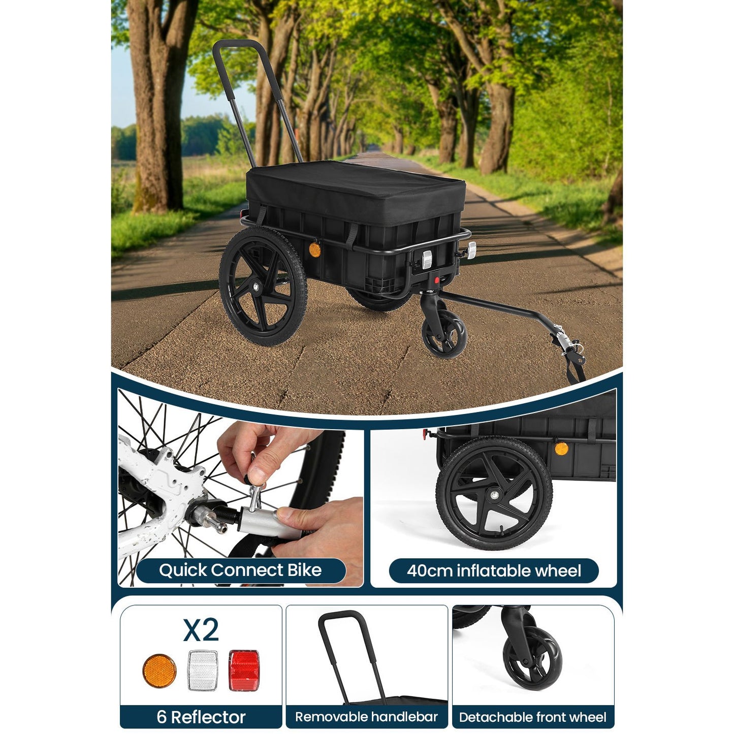 2-in-1 Bike Cargo Trailer, Bicycle Trailer, Hand Cart with Push Bar, Iron Frame with 40cm Air Tires, 40kg Load Capacity, Black, Outdoor Hauling, Cargo Transport, Compact Design, Lightweight Trailer, Reinforced Build, Bike Hau