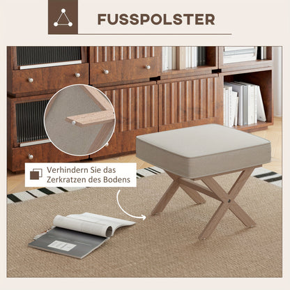 Poef – Kruk – Voetenbankje – Hocker – Zitzak – Gestoffeerd Linnen Look – Houten Onderstel – Anti-slip Mat – Licht Beige