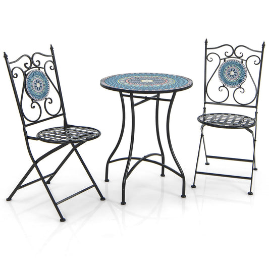 Bistroset – Balkonset – Tuinset – Stoelenset – Tuinmeubel – Mozaïekdesign – 3-delig – Inklapbaar Metalen Frame – Comfortabele Hoge Rugleuningen