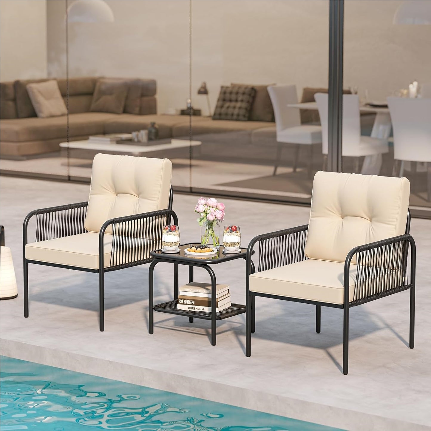 Rattan Tuinmeubel Set – Balkonset – Balkon Meubels – Tuinmeubels – Terras Meubel – 3-delig Met Kussens – Weerbestendig PE Rattan – Tempered Glas Tafel