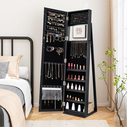 Sieradendoos – Juwelendoos – Sieradenkast – Sieraden Opberger – Sieradendoosje – Met Slot – Vrijstaand – Met Volledige Spiegel – MDF – Zwart – Luxe Opbergmeubel – Fluwelen Voering