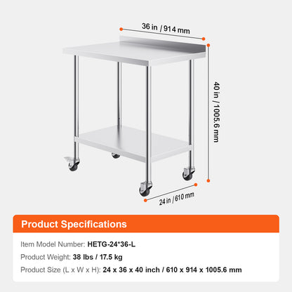 Roestvrijstalen Werktafel – RVS Werkbank – Keukentafel – Cateringtafel – Werkbank Op Wielen – 61x91,5x102 cm – 0,8 mm Roestvrij Staal