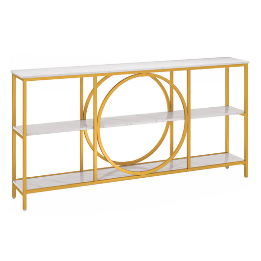 3-laags Sidetable – Opbergtafel – Sofa Tafel – Haltafel – Accentaﬂee met Opbergruimte – Wit en Goud – Zwaar Metaal Frame – Wijd Faux Marmeren Blad 180 cm