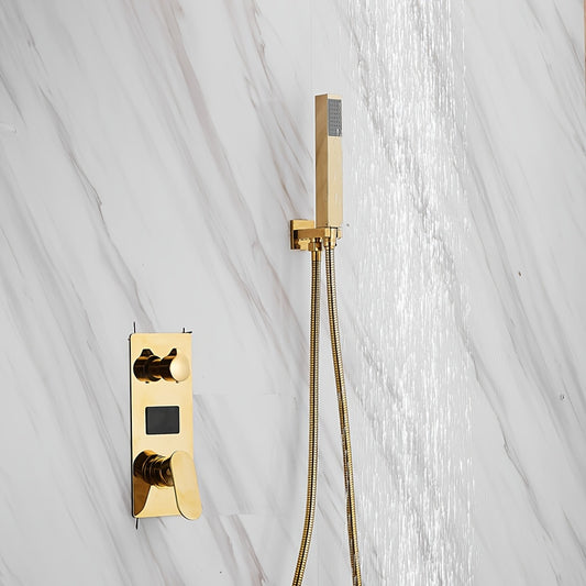 Doucheset – Douche Systeem – Douchekraan – Regendouche – Douchekolom – Thermostatisch Mengventiel – Messing Goudkleurig – LED Temperatuurindicatie