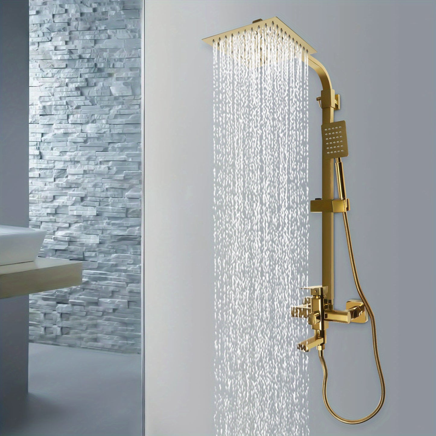 Douchekraan Set – Douchekraan – Regendouche – Handdouche – Badkraan – Gouden Kleur – Messing Materiaal – 360° Draaibare Regendouche – Verstelbare Hoogte