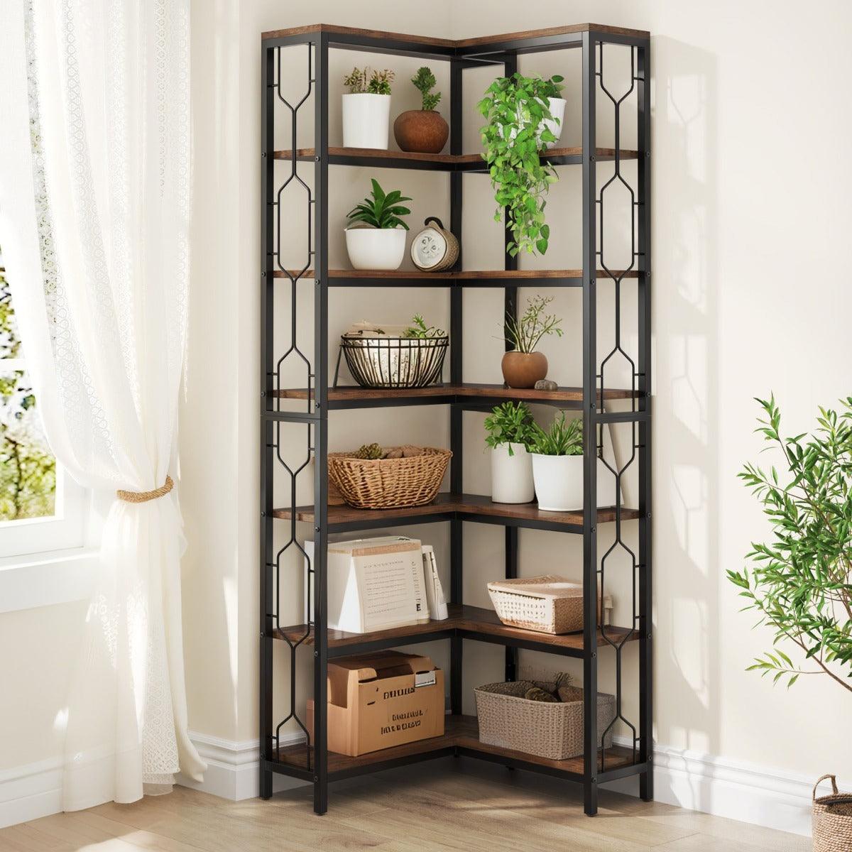 Hoekplank – Hoekrek – Boekenkast – Wandplank – Opbergkast – 7 Schappen – Hardhouten Frame Met Metalen Accenten – Eenvoudige Montage