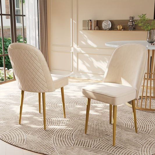 Eetkamerstoelen – Stoelen – Dining Chairs – Zitmeubels – Velvet Stoelen – Set van 2 – Beige Fluweel – Gouden Metalen Poten