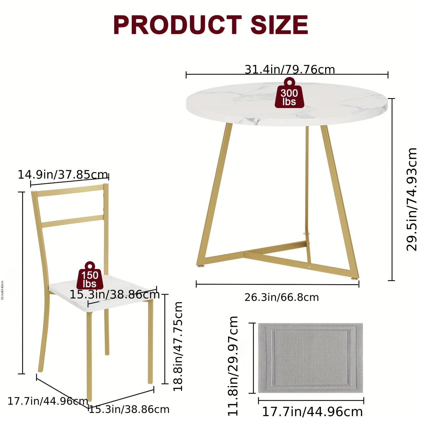 Eettafelset – Eettafel – Eetkamerset – Keukentafel – Zitgroep – Ronde Tafel 80 cm – 2 Gestoffeerde Stoelen – Gouden Metalen Frame – Wit MDF Tafelblad – Compact & Ruimtebesparend – Duurzaam Hout-Metaal
