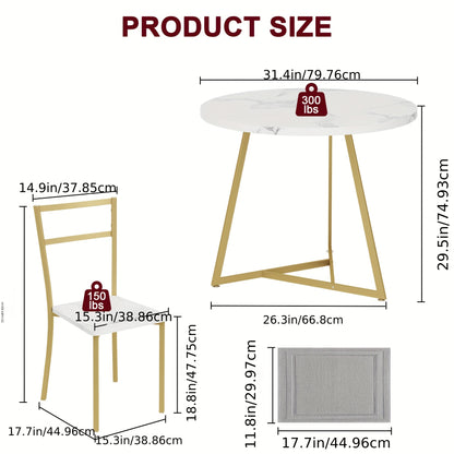 Eettafelset – Eettafel – Eetkamerset – Keukentafel – Zitgroep – Ronde Tafel 80 cm – 2 Gestoffeerde Stoelen – Gouden Metalen Frame – Wit MDF Tafelblad – Compact & Ruimtebesparend – Duurzaam Hout-Metaal