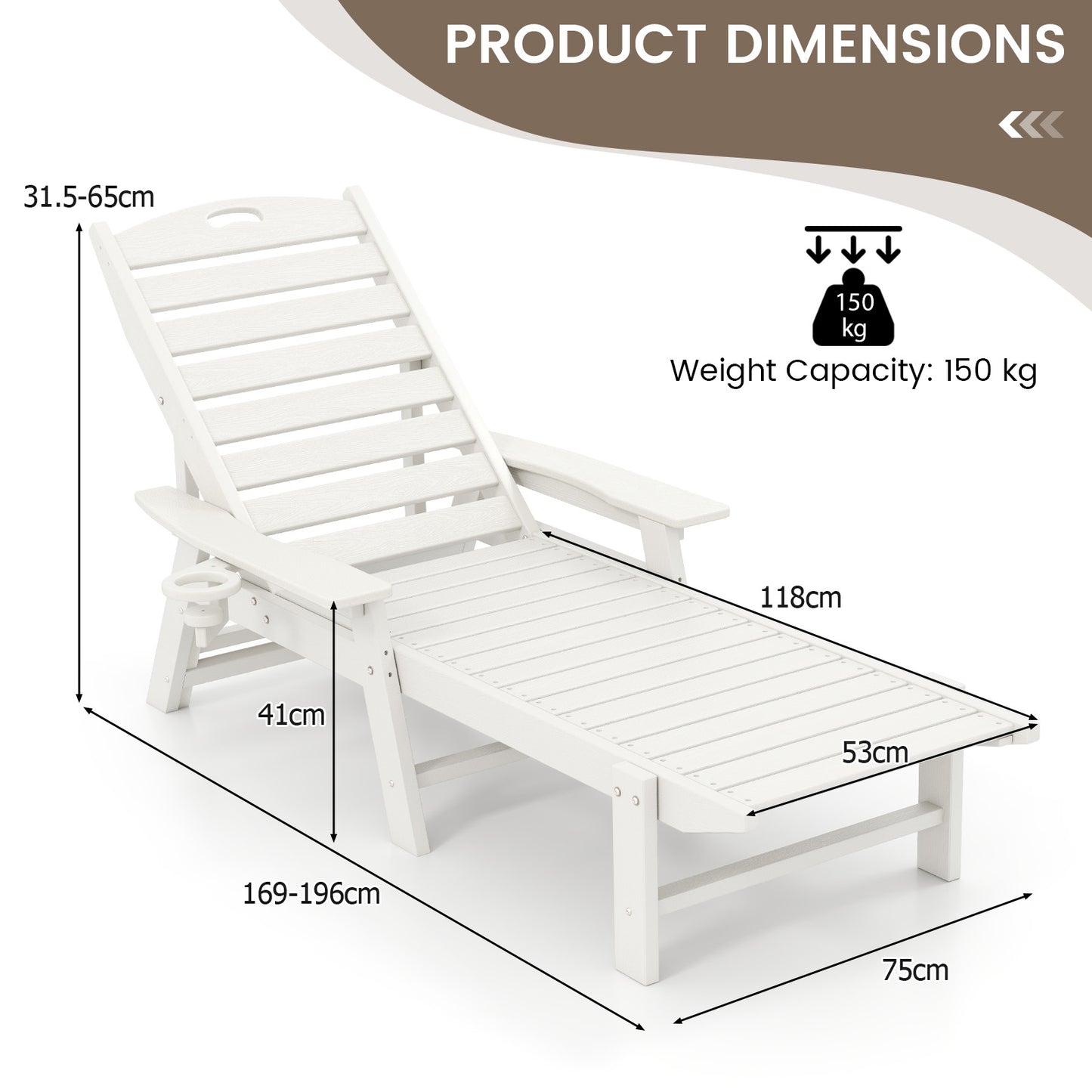 Patio Ligstoel – Tuinstoel – Ligbank – Relaxstoel – Buitenstoel – HDPE Materiaal – 4-Posities Verstelbare Rugleuning – Met Draaiende Bekerhouder – Wit