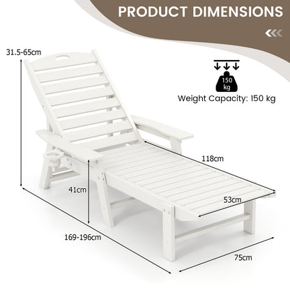 Patio Ligstoel – Tuinstoel – Ligbank – Relaxstoel – Buitenstoel – HDPE Materiaal – 4-Posities Verstelbare Rugleuning – Met Draaiende Bekerhouder – Wit