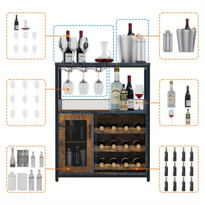 Barkast – Wijnkast – Drankkast – Keukentrolley – Opbergkast – Verstelbare Planken – Houten Metaal Constructie – Mesh Deur – Valbeveiliging – Vrijstaand – Rustiek Bruin