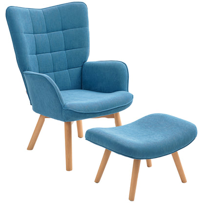 Fauteuil – Relaxstoel – Accentstoel – Armstoel – Clubstoel – Blauw – Met Voetenbank – Zachte Corduroy Stof – Stevige Houten Poot