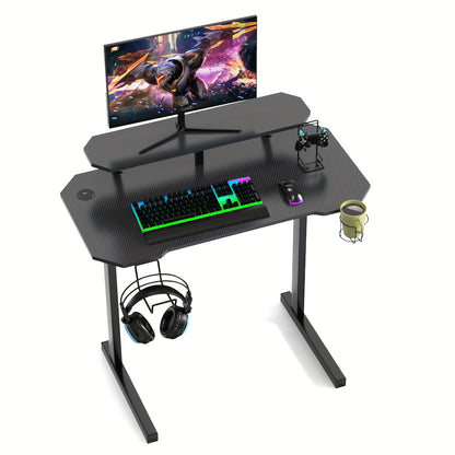 Gaming Bureau – Gaming Tafel – Game Desk – Computerbureau – Werkplek – Carbon Fiber Blad – 100x55x74 cm – Extra Groot Met Display Rek – Bekerhouder & Headphone Hook