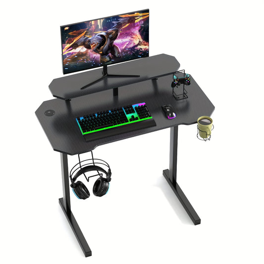 Gaming Bureau – Gaming Tafel – Game Desk – Computerbureau – Werkplek – Carbon Fiber Blad – 100x55x74 cm – Extra Groot Met Display Rek – Bekerhouder & Headphone Hook