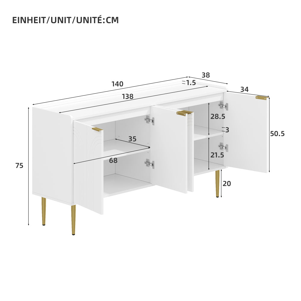 Dressoir – Sideboard – Opbergmeubel – Servieskast – Woonkamerkast – Wit – Modern Minimalistisch Design – Ruime Opbergruimte 140x38x75 cm