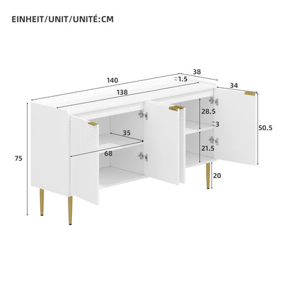 Dressoir – Sideboard – Opbergmeubel – Servieskast – Woonkamerkast – Wit – Modern Minimalistisch Design – Ruime Opbergruimte 140x38x75 cm