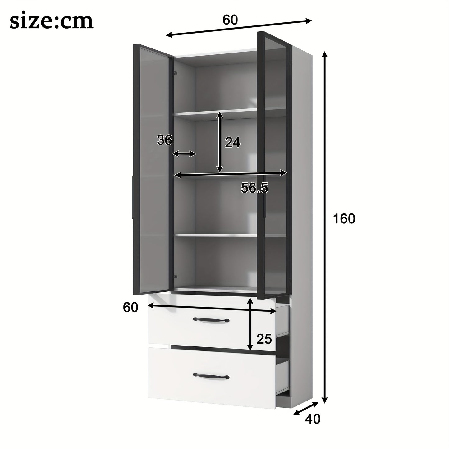 Vitrinekast – Vitrinekast Modern – Bergkast – Displaykast – Opbergkast – 160x80x40 cm – Wit Glas en Metaal – Zacht Sluitende Deuren en Lades